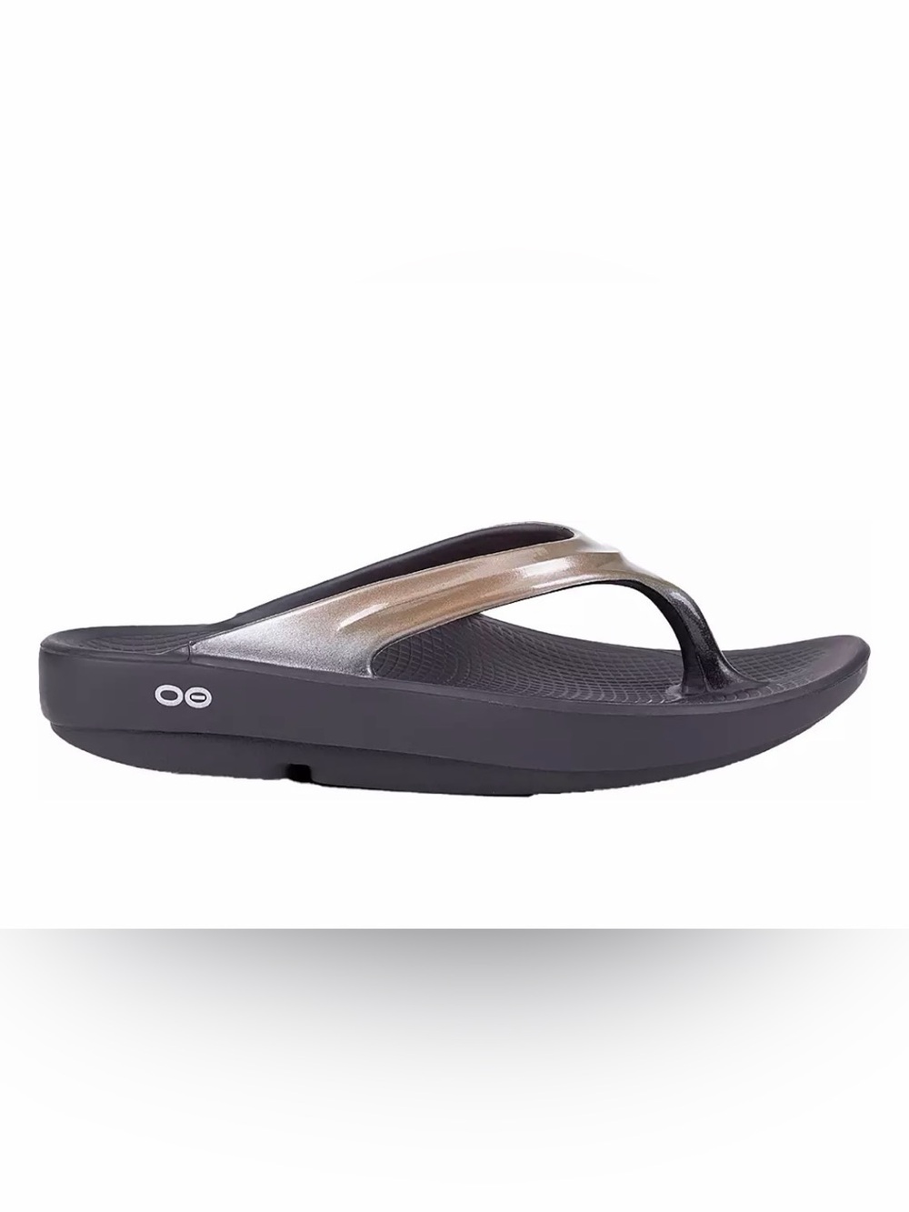 OOFOS women’s Black Flip-Flops with Metallic Silver Straps